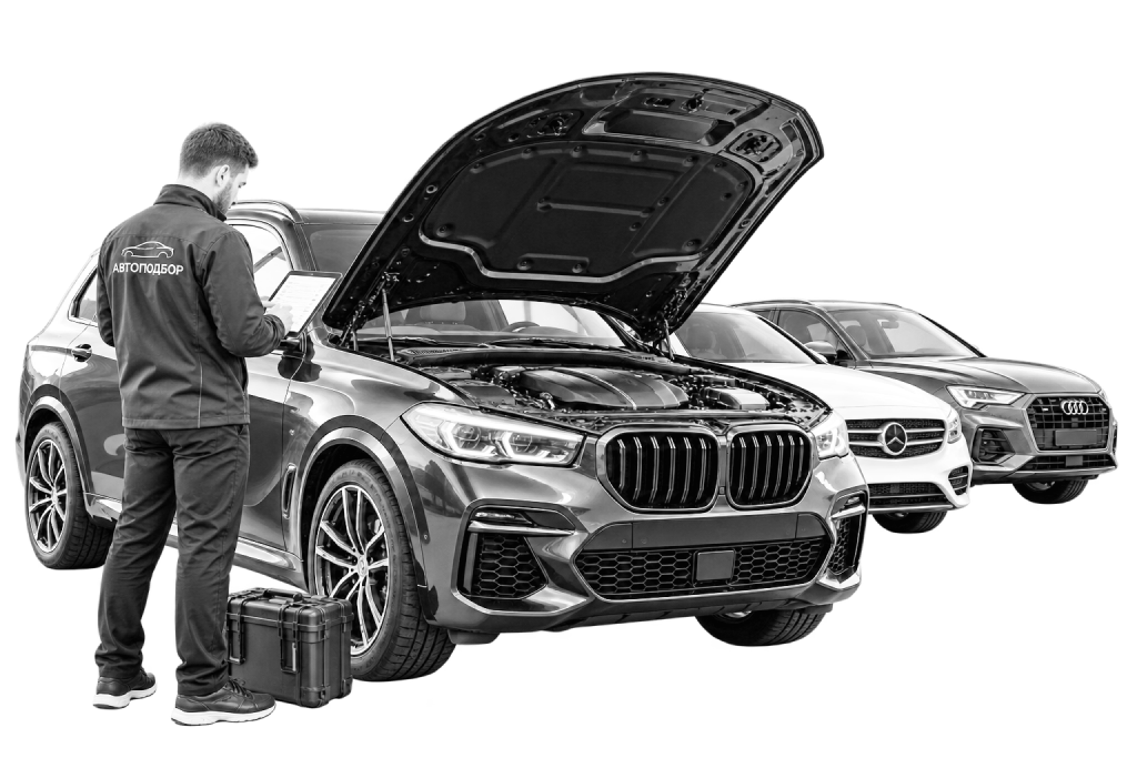 Специалист проверяет автомобиль с открытым капотом